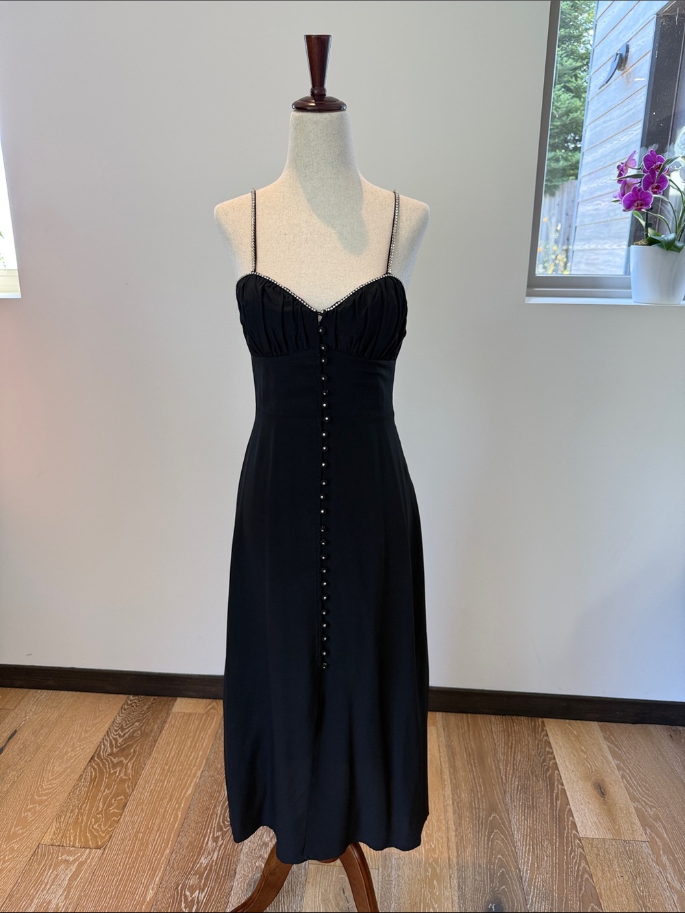 The Kooples Black Spaghetti-Strap Midi Dress with Front Buttons